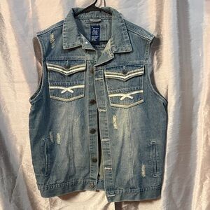 Men's Blue Denim Vest with Embroidered Accents